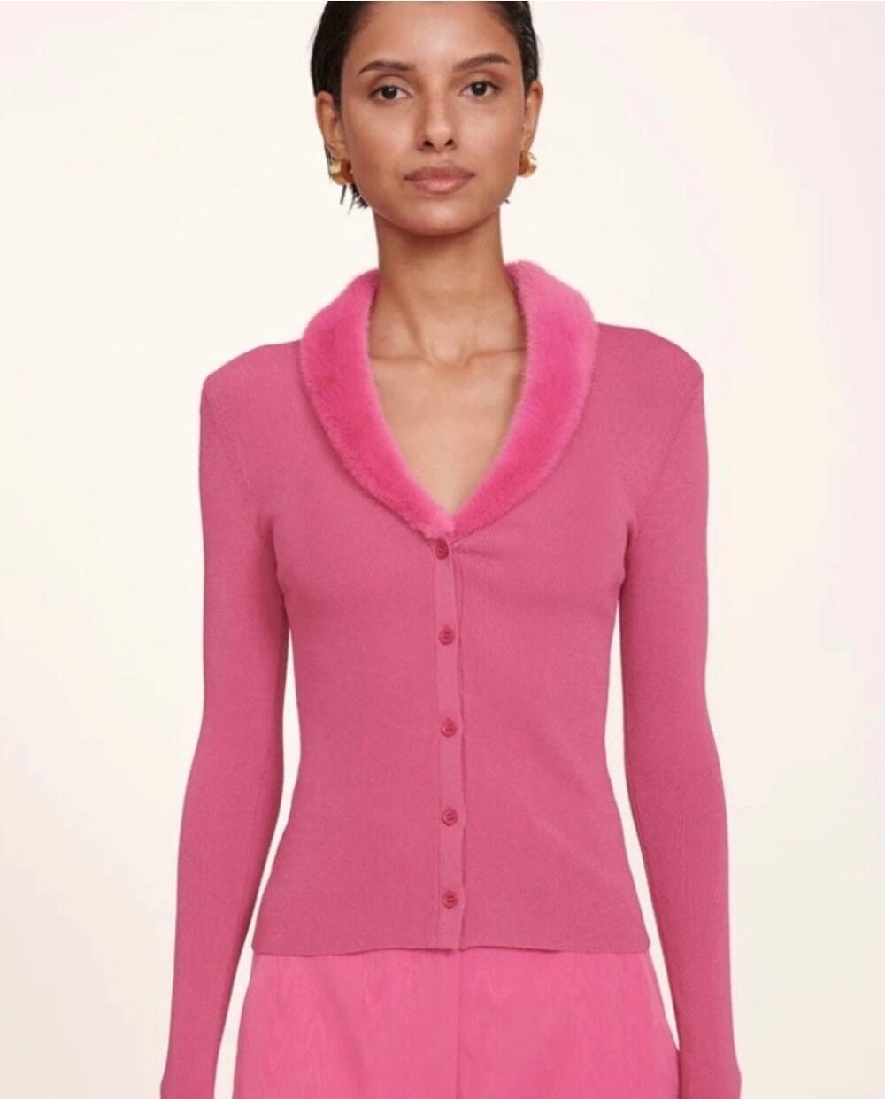 Staud Pink Celina Cardigan Sweater Top w Faux-Fur Collar size small (NEW)